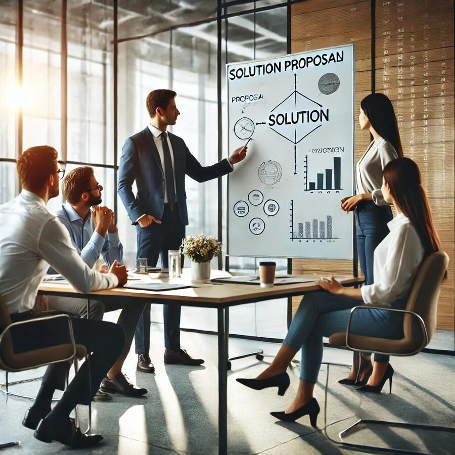 Obrázek jak někdo píše plán na tabuli před ostatníma